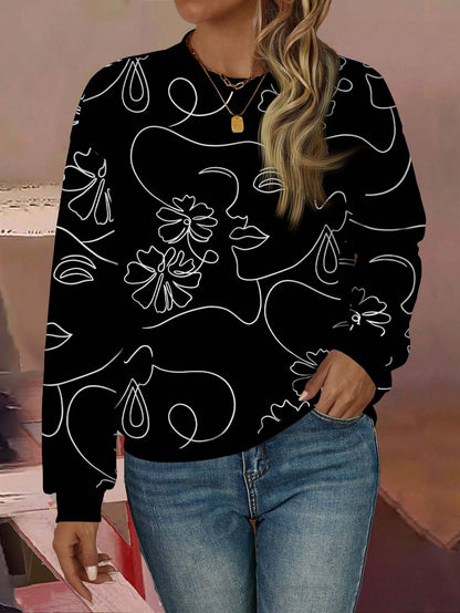 بلوزة رياضية كاجوال دائرية الرقبة سميكة اللباد مطبوعة برسومات خطوط بسيطة للنساء ،للموسم الانتقالي بين الخريف والشتاء