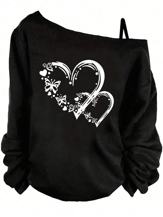 تي شيرت نسائي بطبعات قلوب أنيقة ذو أكمام طويلة مناسب للمقاسات الكبيرة