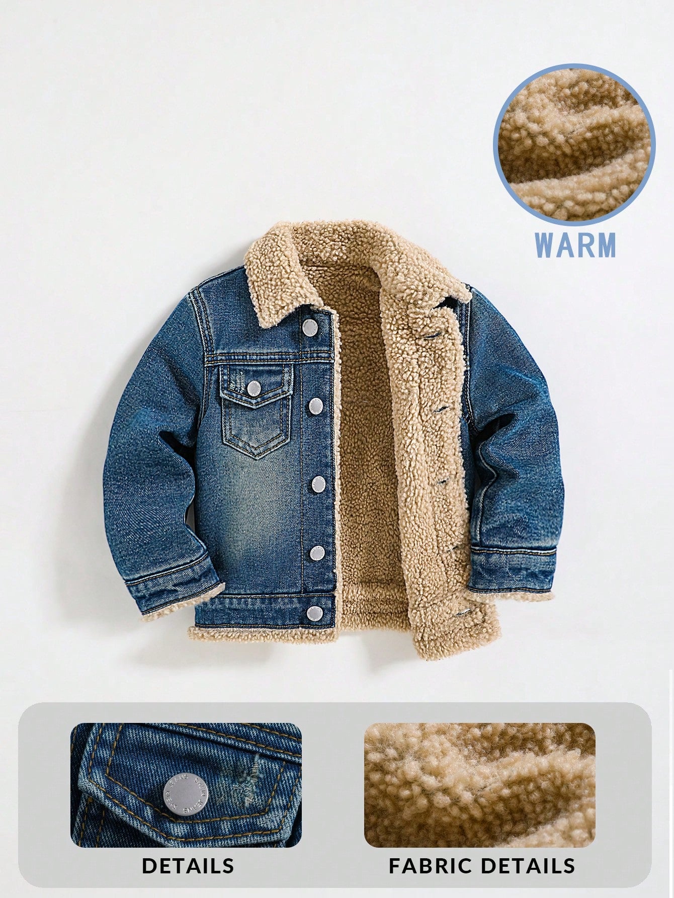 معطف تيدي للأطفال الصغار من الجينز والفليس اللين والناعم، ذو ياقة واقية، أكمام طويلة، بطانة حرارية، لملابس الخريف/الشتاء للأولاد الصغار