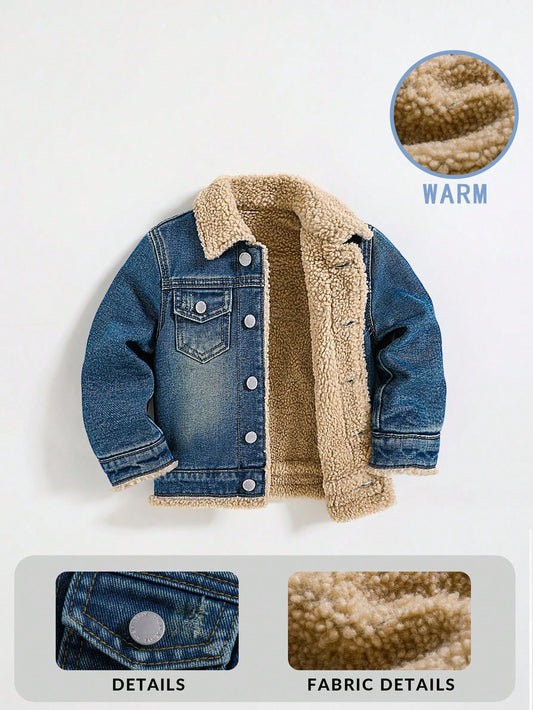 معطف تيدي للأطفال الصغار من الجينز والفليس اللين والناعم، ذو ياقة واقية، أكمام طويلة، بطانة حرارية، لملابس الخريف/الشتاء للأولاد الصغار