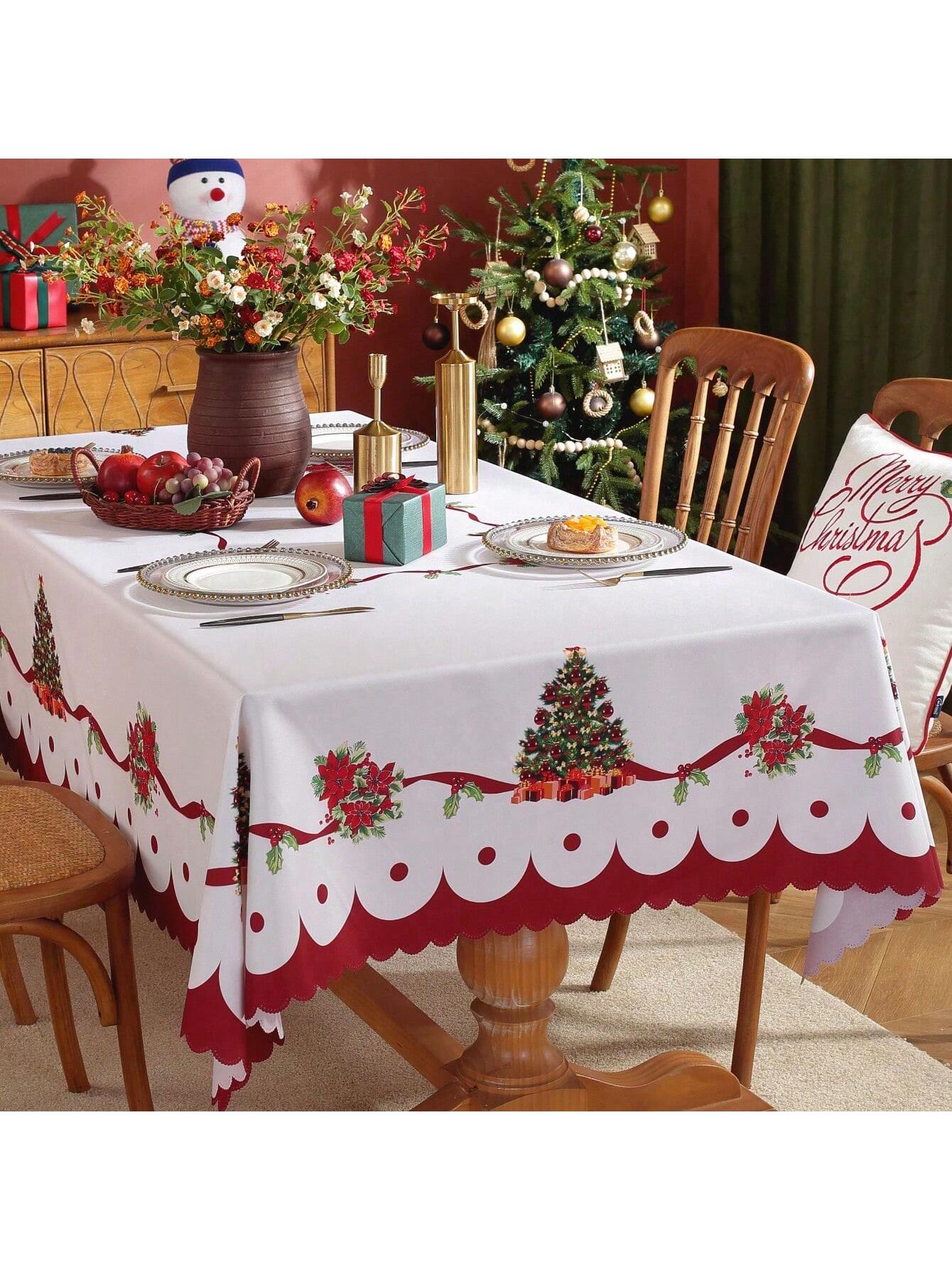 مفرش طاولة عيد الميلاد المبهج - أحمر بزخارف أزهار وشرائط احتفالية، مفرش طاولة مستطيل للأعياد والديكور المنزلي، ديكورات طاولة عيد الميلاد