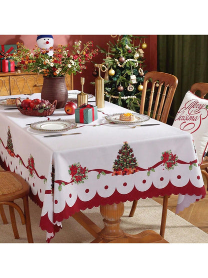 مفرش طاولة عيد الميلاد المبهج - أحمر بزخارف أزهار وشرائط احتفالية، مفرش طاولة مستطيل للأعياد والديكور المنزلي، ديكورات طاولة عيد الميلاد