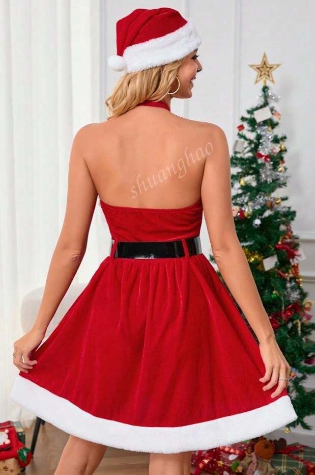 فستان عيد الميلاد للنساء، زي كوسبلاي ملون باللون الأحمر