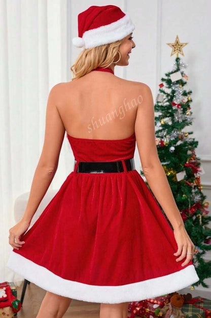 فستان عيد الميلاد للنساء، زي كوسبلاي ملون باللون الأحمر