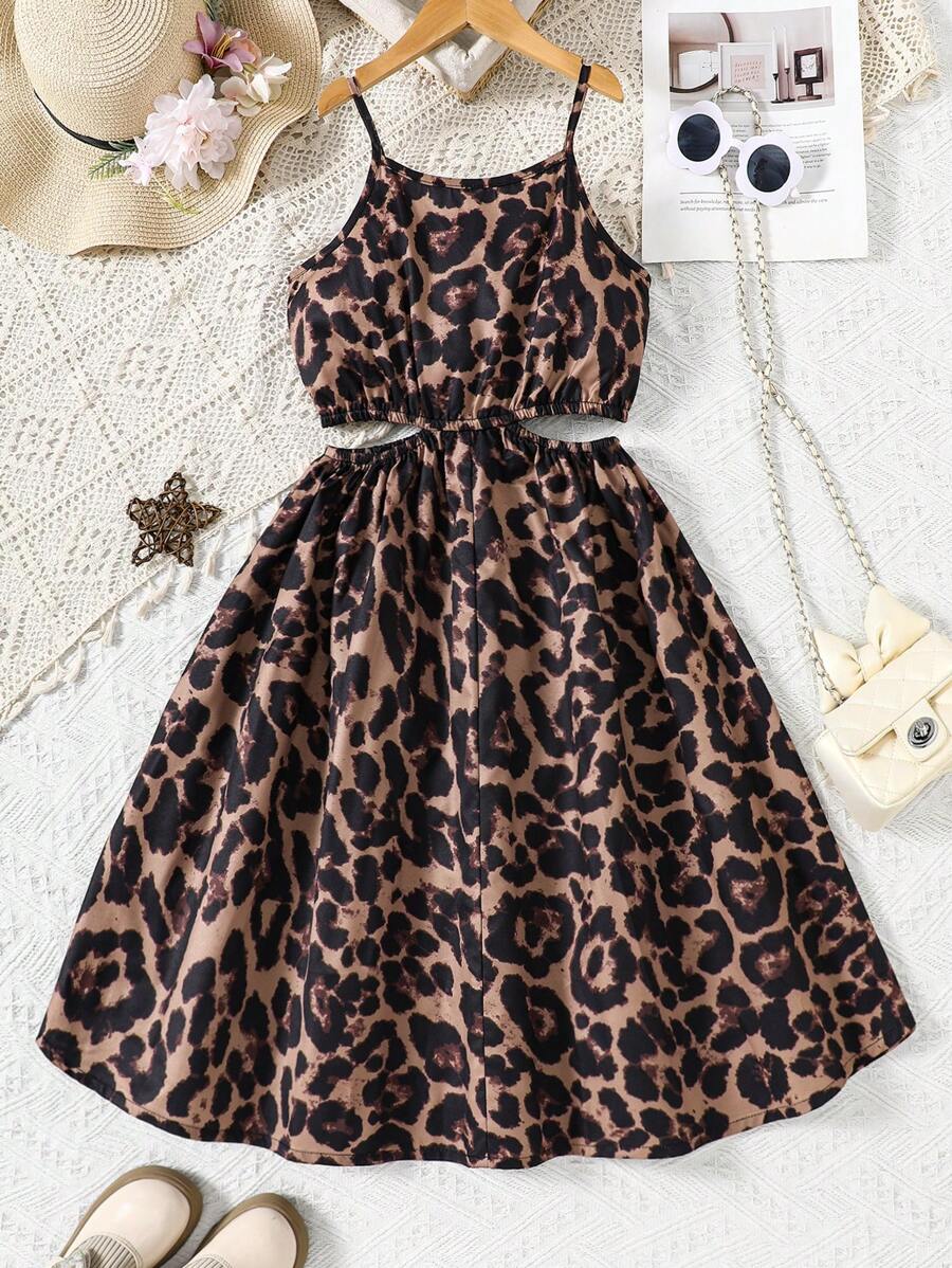 فستان كاجوال للفتاة المراهقة بحمالات إسباجيتي وبطبعة نمر مجوفة