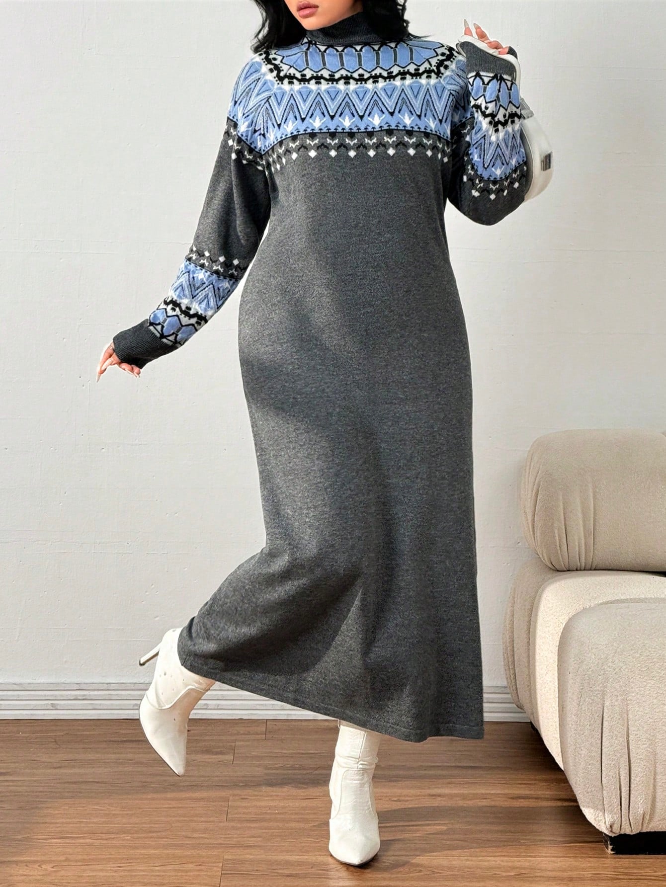 فستان سويتر طويل أكمام طويلة ياقة عالية،
