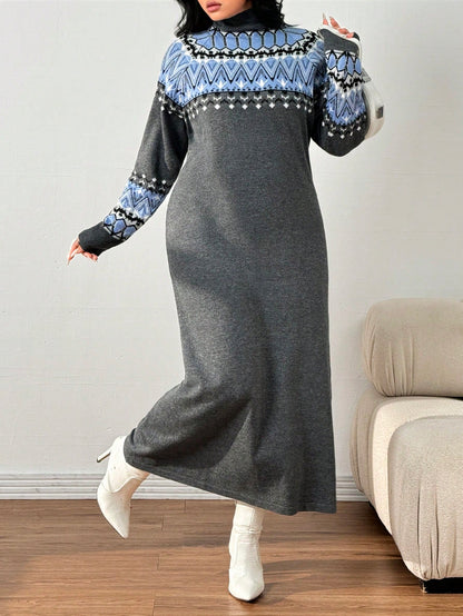 فستان سويتر طويل أكمام طويلة ياقة عالية،