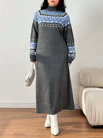 فستان سويتر طويل أكمام طويلة ياقة عالية،