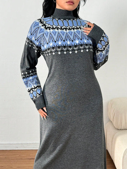 فستان سويتر طويل أكمام طويلة ياقة عالية،