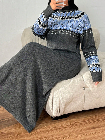 فستان سويتر طويل أكمام طويلة ياقة عالية،