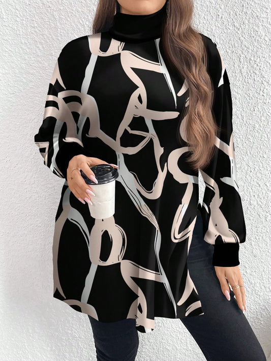 تيشيرت طويل بياقة محاكة مطبوع بنقوش ألوان مميزة