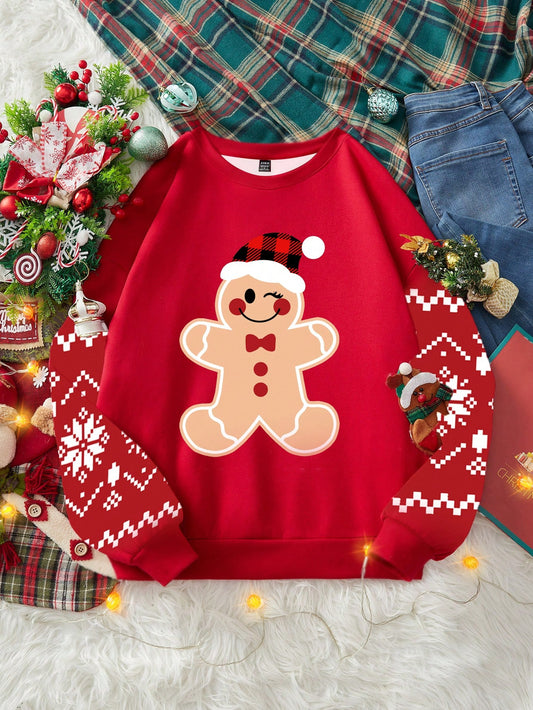 سويت شيرت نسائي بقصة فضفاضة، طباعة جرافيك عائلية منسقة للعطلات البسيطة العادية، موسم الخريف/الشتاء