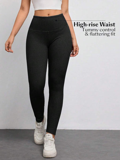 سراويل جينز نسائية ضيقة بنمط موحد اللون وقطعة مرنة للكاجوال