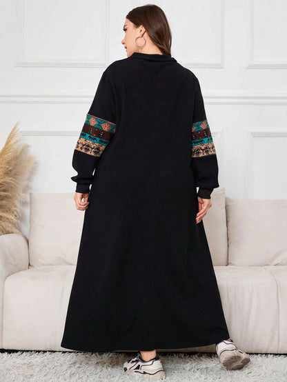 هودي كاجوال طويل بطبعة هندسية مقاس كبير، بأكمام طويلة