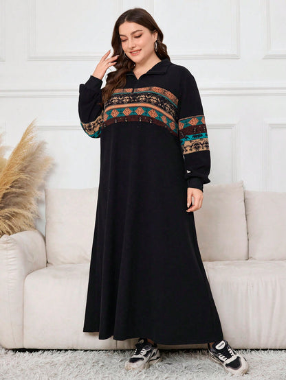 هودي كاجوال طويل بطبعة هندسية مقاس كبير، بأكمام طويلة