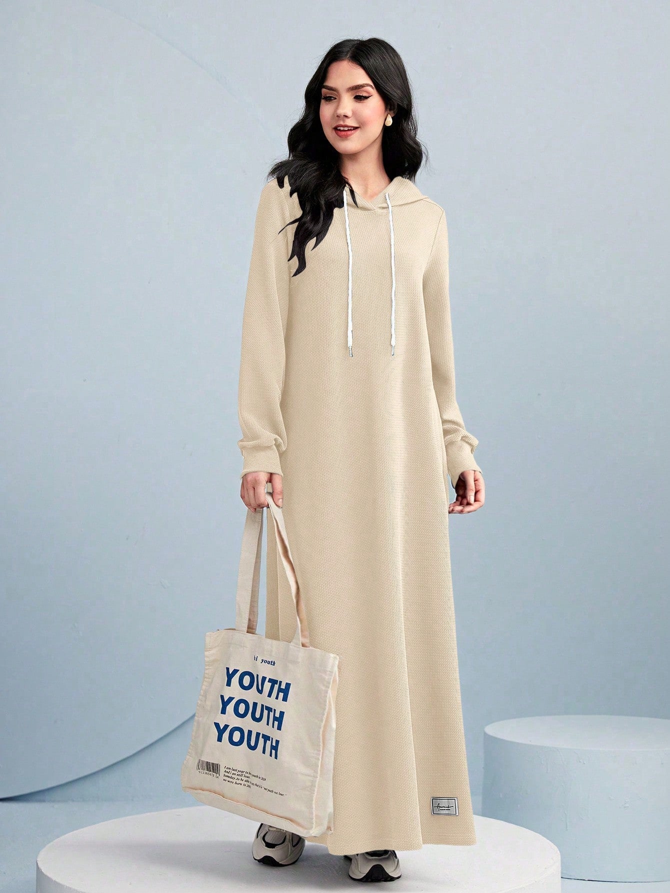 فستان سويت شيرت كاجوال فضفاض برباط من النساء ذو موحد اللون وكابوشون