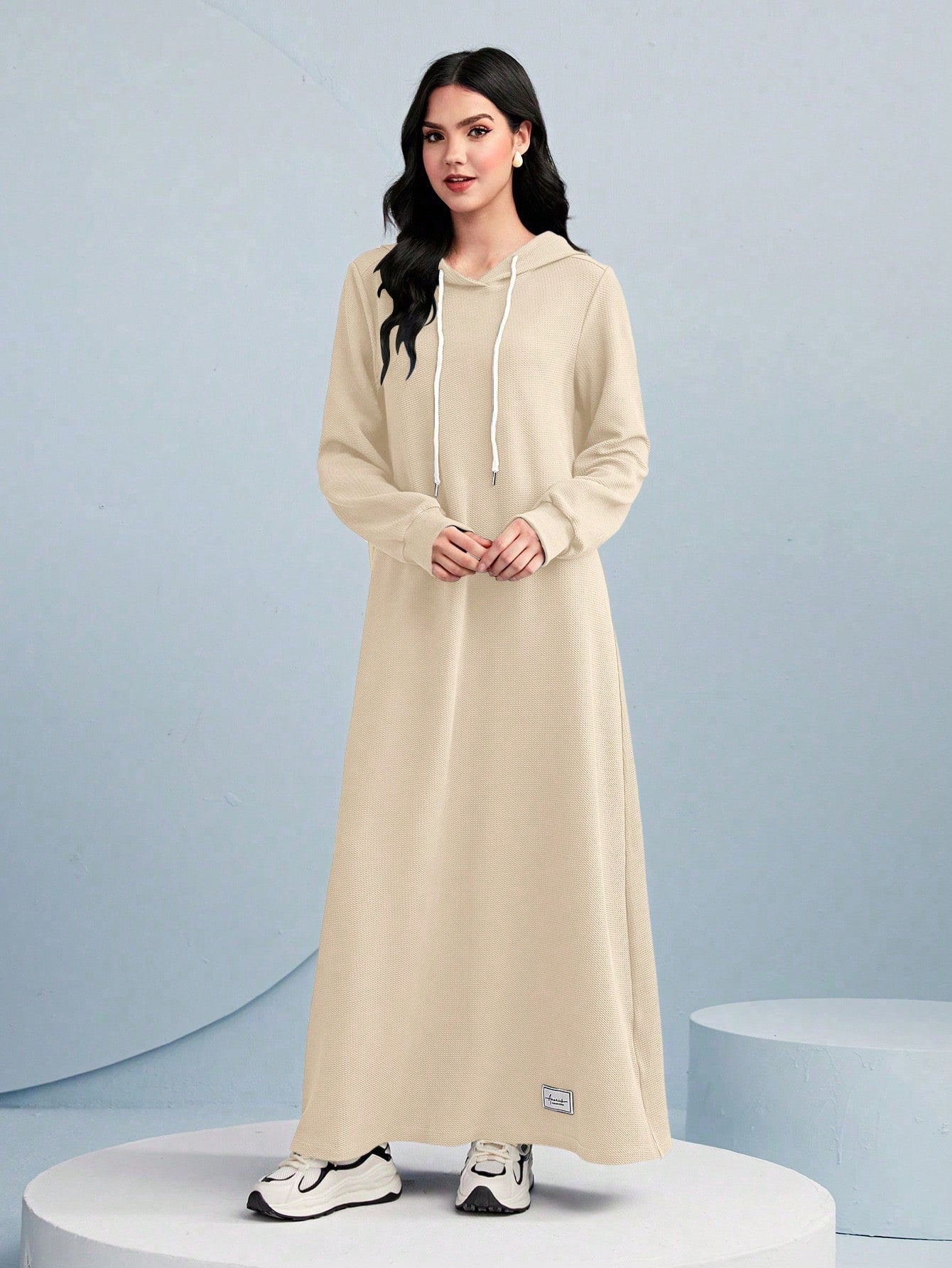 فستان سويت شيرت كاجوال فضفاض برباط من النساء ذو موحد اللون وكابوشون