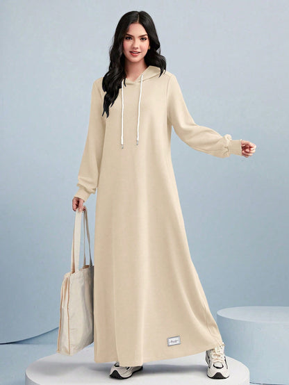 فستان سويت شيرت كاجوال فضفاض برباط من النساء ذو موحد اللون وكابوشون