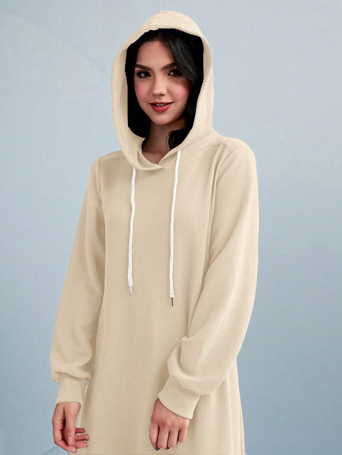 فستان سويت شيرت كاجوال فضفاض برباط من النساء ذو موحد اللون وكابوشون