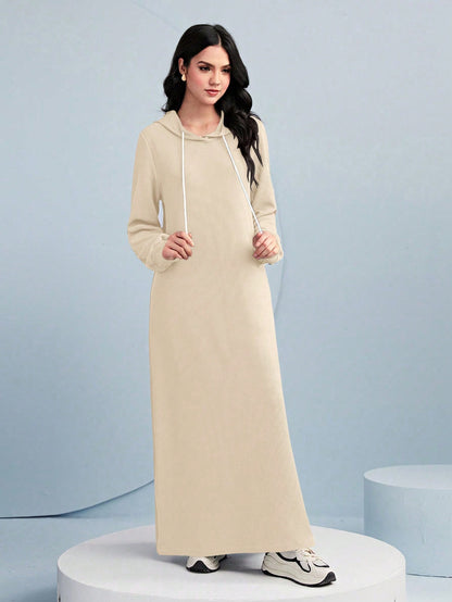 فستان سويت شيرت كاجوال فضفاض برباط من النساء ذو موحد اللون وكابوشون