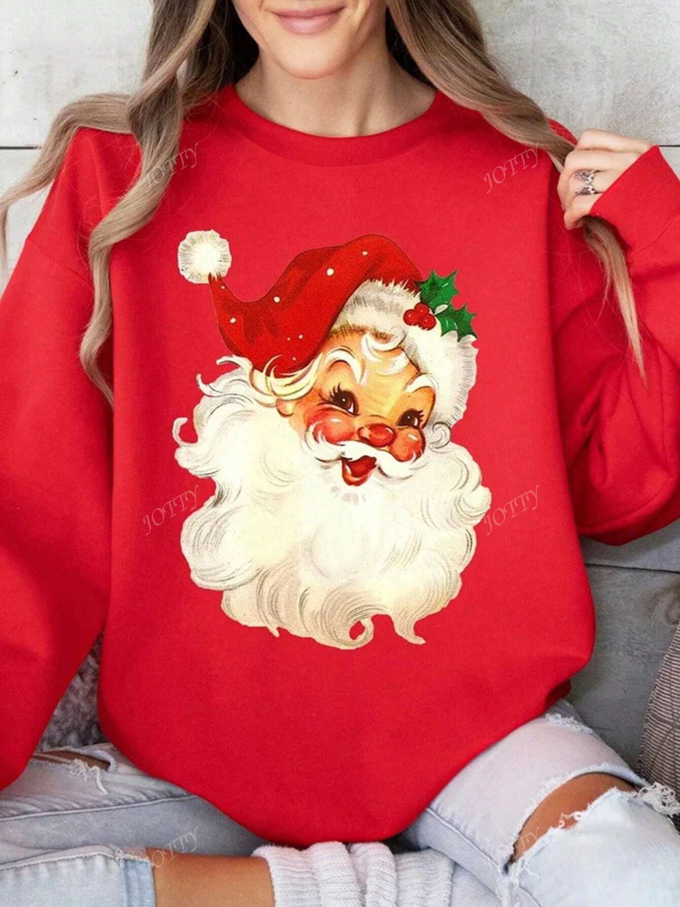 عيد الميلاد لطيف الكرتون سانتا كلوز طباعة طاقم الرقبة عارضة البلوز المرأة