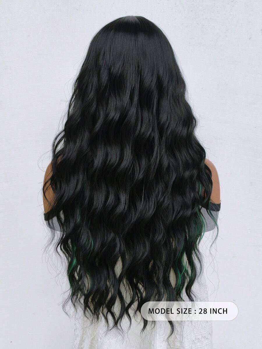 الباروكة الطويلة السوداء ذات اللمحات الخضراء للنساء