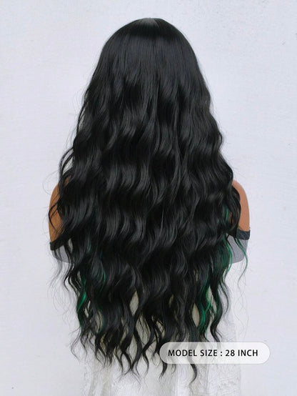 الباروكة الطويلة السوداء ذات اللمحات الخضراء للنساء