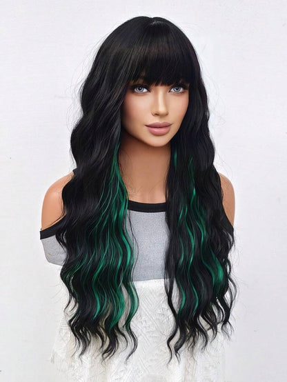 الباروكة الطويلة السوداء ذات اللمحات الخضراء للنساء