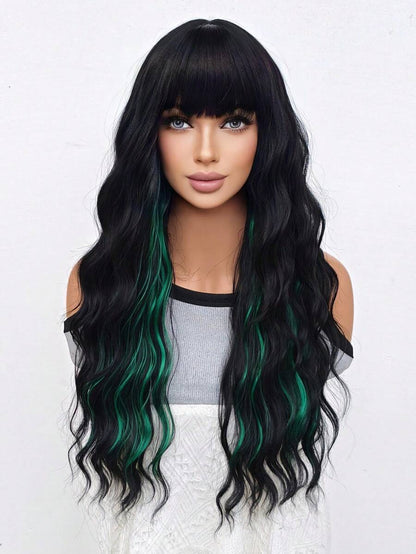 الباروكة الطويلة السوداء ذات اللمحات الخضراء للنساء