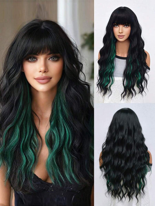 الباروكة الطويلة السوداء ذات اللمحات الخضراء للنساء