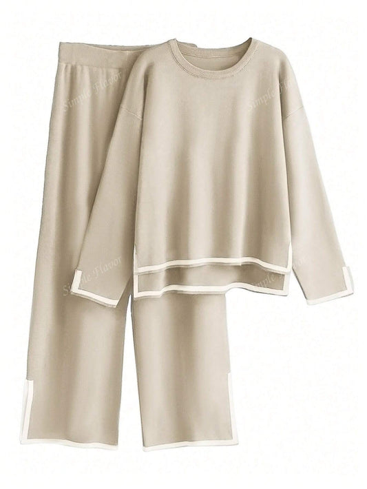 مجموعة من قطعتين بلوزة كاجوال وبنطال رياضي بتصميم التلوين المجزأ، للنساء، خريف/شتاء