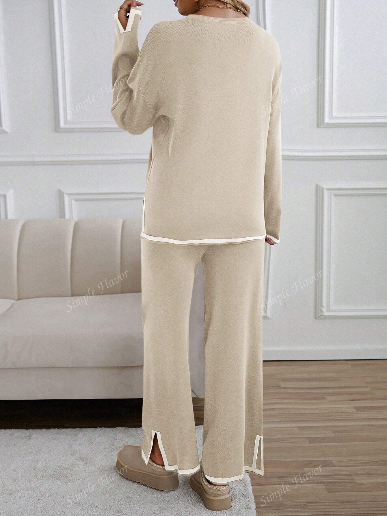 مجموعة من قطعتين بلوزة كاجوال وبنطال رياضي بتصميم التلوين المجزأ، للنساء، خريف/شتاء