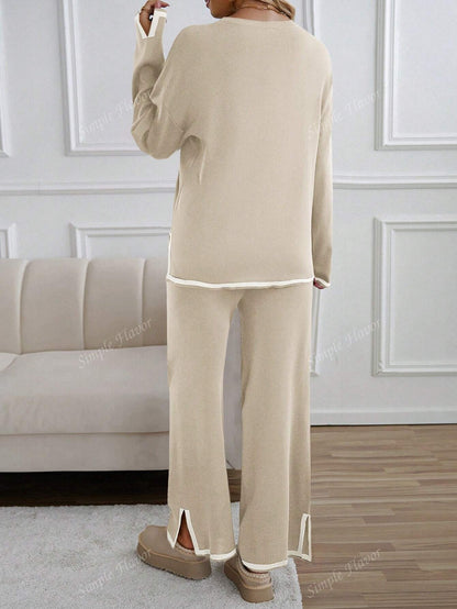 مجموعة من قطعتين بلوزة كاجوال وبنطال رياضي بتصميم التلوين المجزأ، للنساء، خريف/شتاء