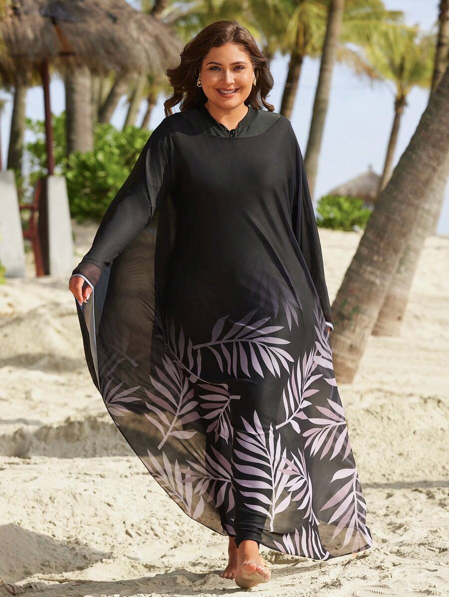 غطاء شاطئ طويل إضافي بطبعات نباتية للمقاسات الكبيرة للصيف