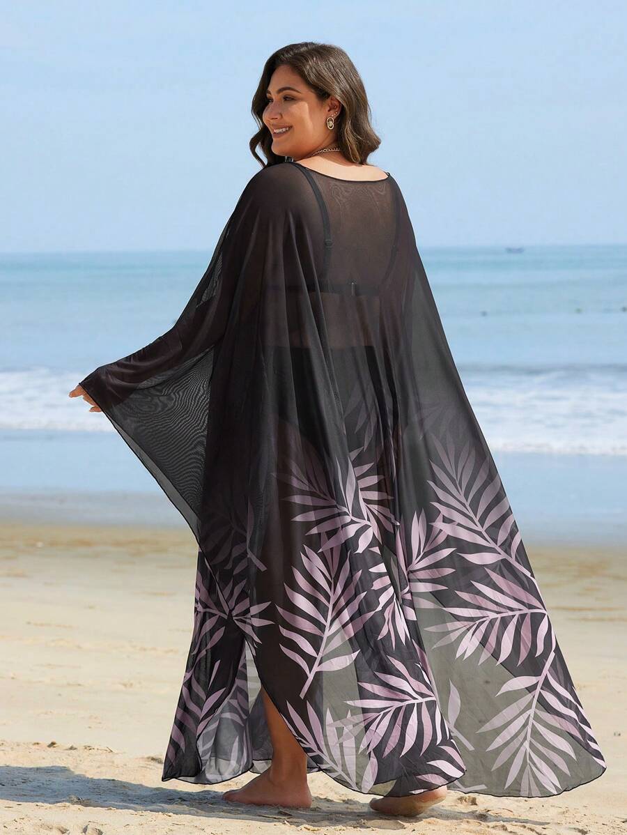 غطاء شاطئ طويل إضافي بطبعات نباتية للمقاسات الكبيرة للصيف