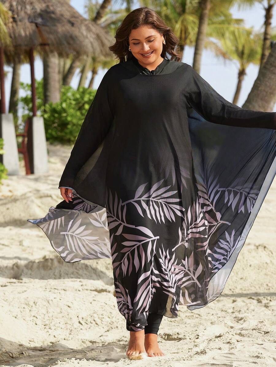 غطاء شاطئ طويل إضافي بطبعات نباتية للمقاسات الكبيرة للصيف