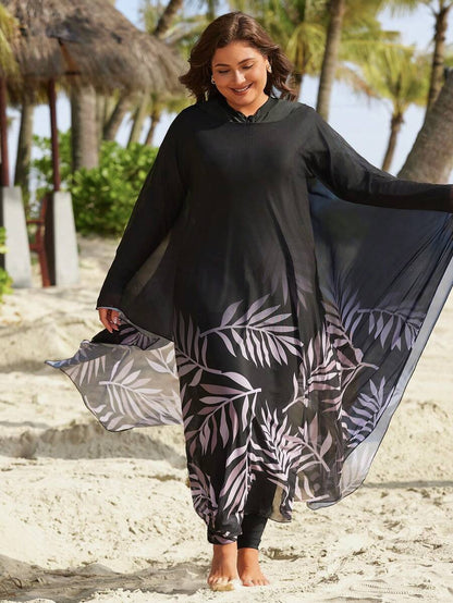 غطاء شاطئ طويل إضافي بطبعات نباتية للمقاسات الكبيرة للصيف