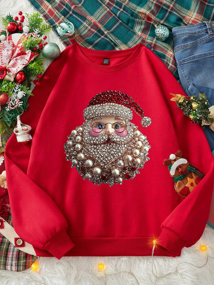 بلوزة رياضية فضفاضة مطبوعة بنمط بسيط مريحة، رقبة دائرية، أكمام طويلة سميكة للنساء، مناسبة لفصلي الخريف والشتاء