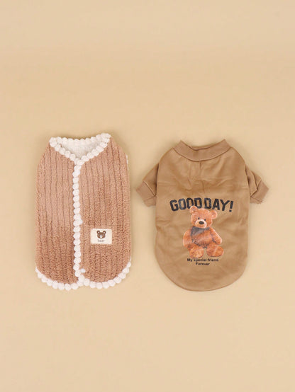 سترة رقبة دائرية رائعة بطبعة دب للخريف/الشتاء للكلاب والقطط الصغيرة