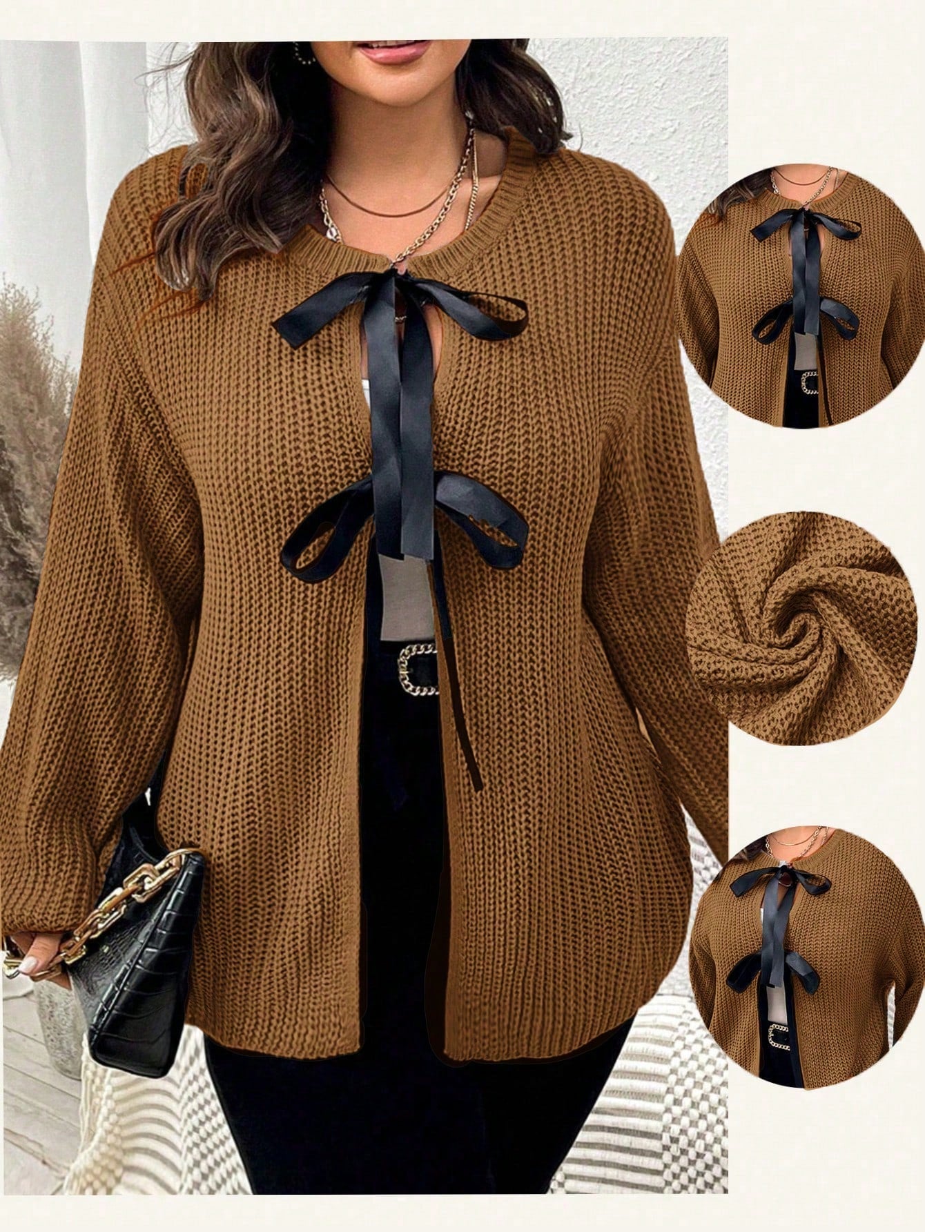 كارديجان نسائي كاجوال ذو أكمام طويلة وياقة منسدلة مقاس كبير