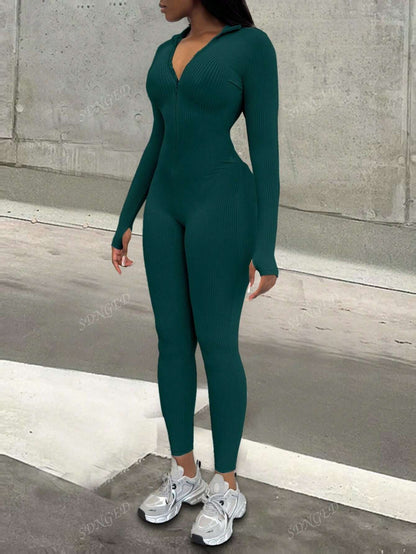 جمبسوت كاجوال طويلة الأكمام مزودة بسوستة وتصميم مموج، ضيقة الملائمة لطوال العام