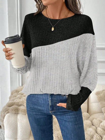 بلوزة رياضية فضفاضة ذات أكمام طويلة على شكل خفاش بألوان متباينة، للنساء