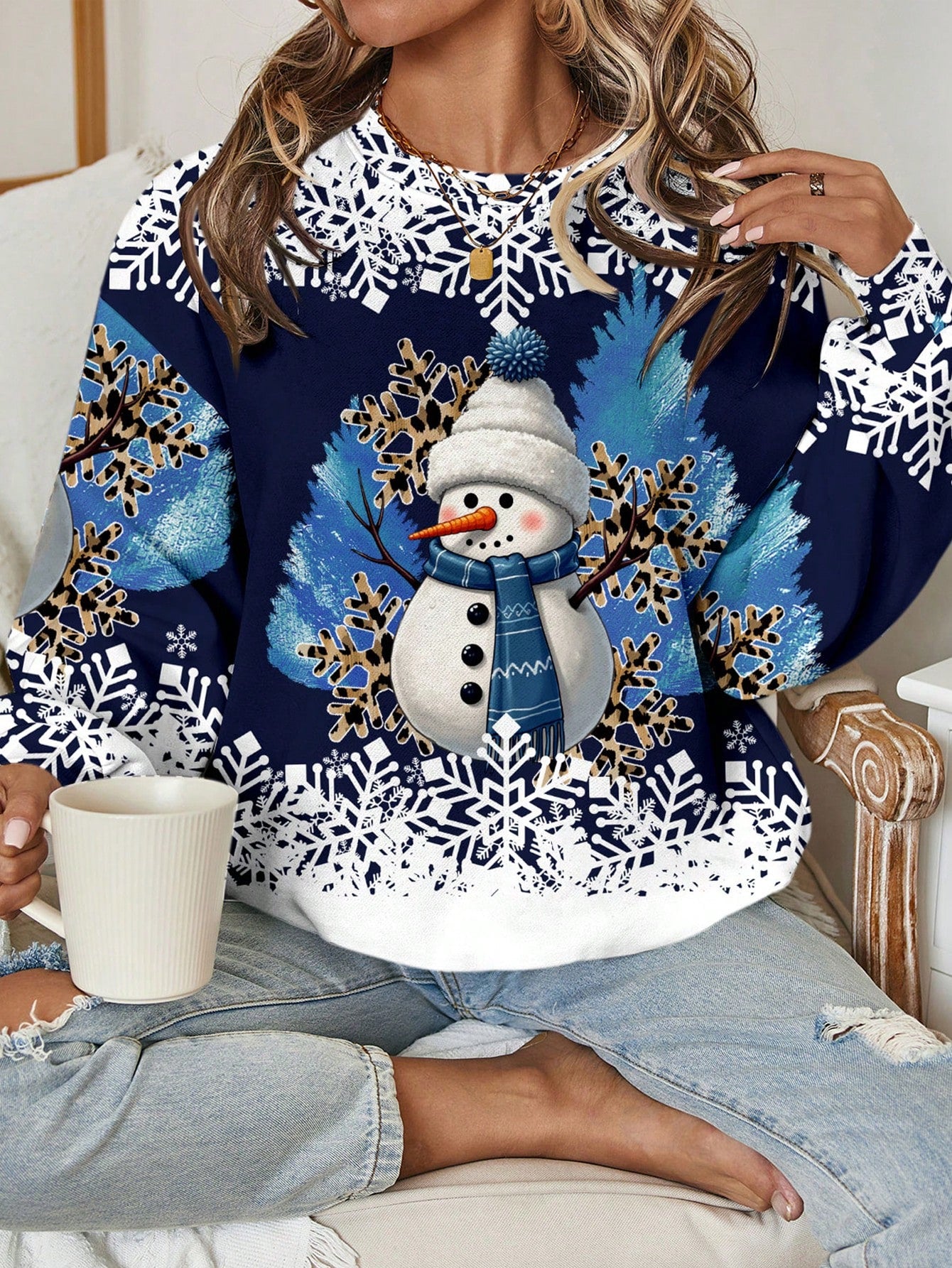 سويت شيرت كاجوال بطباعة جرافيك بسيطة ورقبة دائرية وأكمام طويلة فضفاضة للنساء