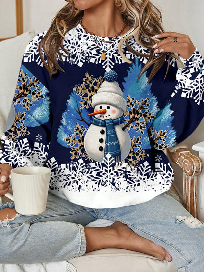 سويت شيرت كاجوال بطباعة جرافيك بسيطة ورقبة دائرية وأكمام طويلة فضفاضة للنساء