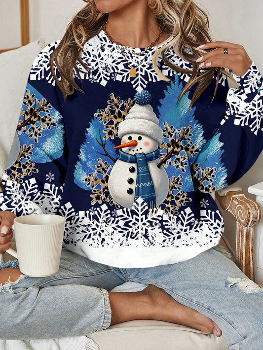 سويت شيرت كاجوال بطباعة جرافيك بسيطة ورقبة دائرية وأكمام طويلة فضفاضة للنساء