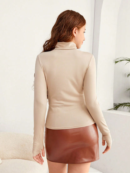 بلوزة كاجوال طويلة الأكمام ذات ياقة مرتفعة ضيقة للمراهقات بلون أحادي