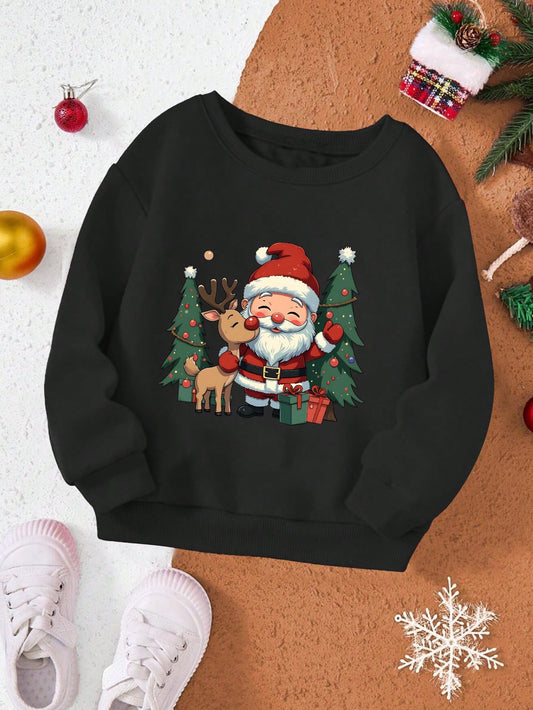 بلوزة بياقة طاقم مريحة للأولاد، بطباعة مرسومة لسانتا كلوز وغزال حبيب للميلاد