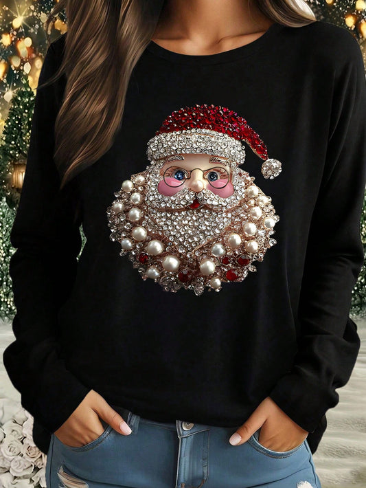 تي شيرت بطباعة بسيطة بأكمام طويلة وياقة دائرية للمقاسات الكبيرة، تيشيرتات