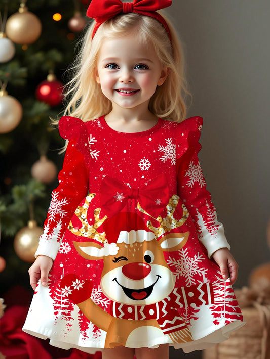 فستان طويل الأكمام بطبعات كرتونية جميلة رسومات أيل الميلاد