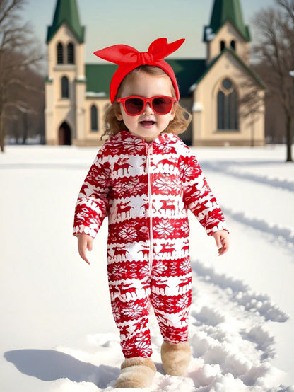 جمبسوت أطفال بنات بتصميم رجل الثلج والرنة مع أكمام طويلة